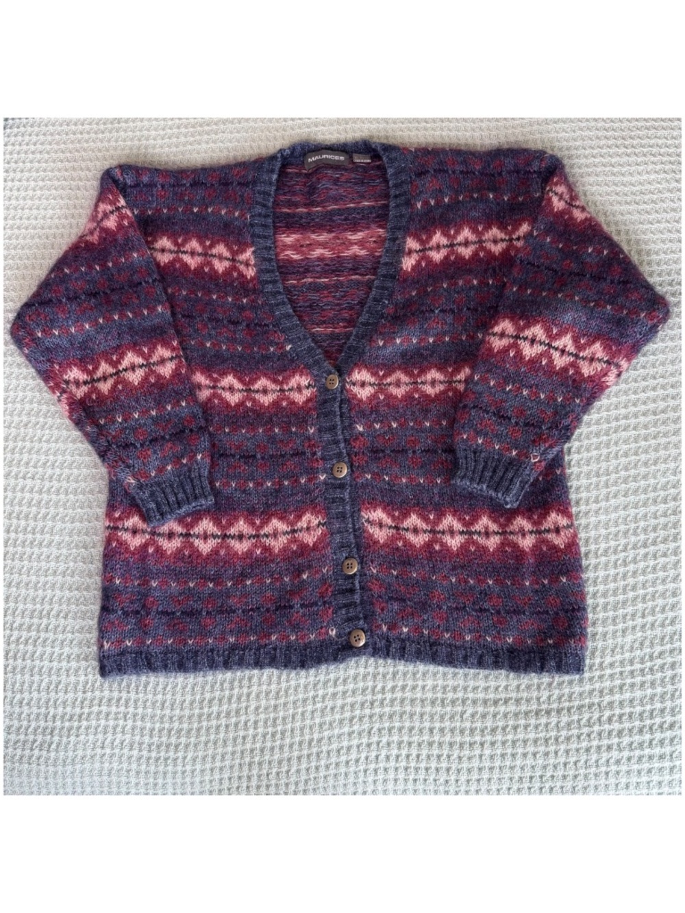 Vintage Mohair Blend Cardigan Sweater Womens Large Maurices Blue Pink 90s Y2K